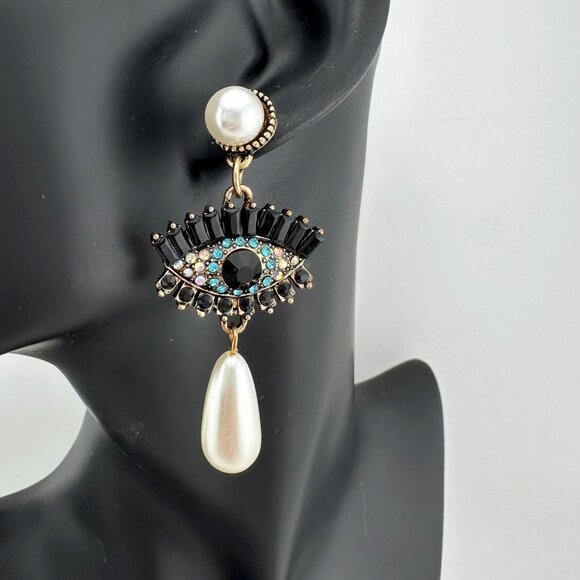 Evil Eye Rhinestone Pearl Drop Dangle Earrings - Picture 2 of 7